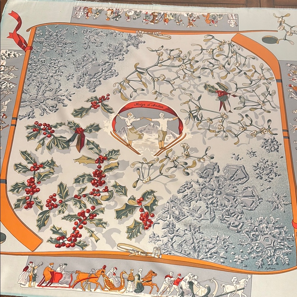 Hermès “Neige d’Antan” 90cm Silk Scarf Winter Scene by Caty Latham